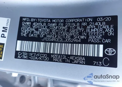 2020 Toyota Corolla Se from USA, damaged, VIN JTDS4RCE2LJ052964